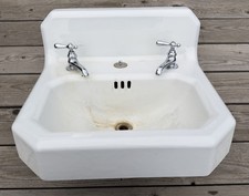 Antique Cast Iron White Porcelain High Back Bath Wall Sink Old