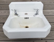 Antique Cast Iron White Porcelain High Back Bath Wall Sink Old