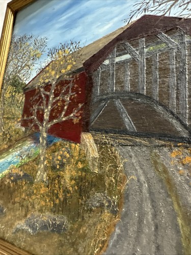 Quadro acrilico vintage incorniciato firmato E. M. Berg Road/Americana ponte coperto - Foto 14 di 21