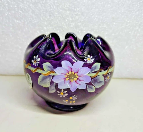 Fenton Art Glass Royal Purple Rose 75th Anniversary Bowl Hand Painted Signed