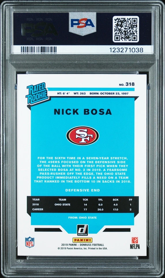 2019 Donruss Nick Bosa autografado RC PSA DNA AUTO autêntico #123271038 - Imagem 2 de 3