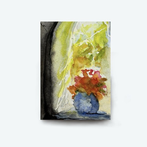 Original ACEO Painting Floral Miniature Art Watercolor Red Flowers Windows