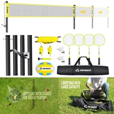 Outdoor Badminton Volleyball Combo Net Set w/Poles PU Volleyball Pump 4 Rackets