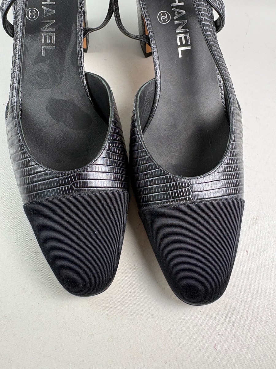 NEW CHANEL Sz 40 Black Croc Embossed Grosgrain Cap Toe CC