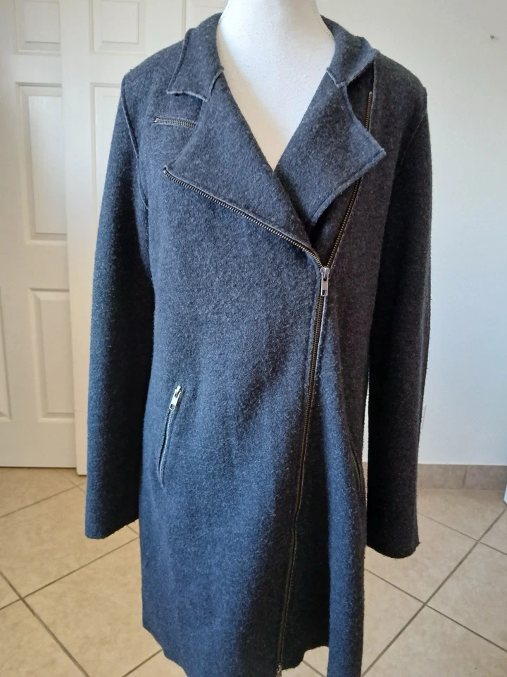 Chaqueta Larga EILEEN FISHER Mujer S Lana Merino Gris Frente Abierto Cremallera Asimétrica Foto 2 de 4