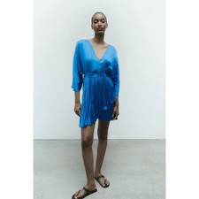 Zara Y2K V-Neck Satin Effect Pleated Smocked Romper Blue Festival Women XS