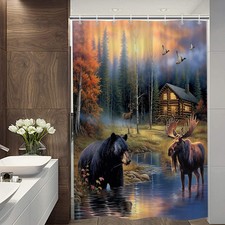 Rustic Bear Camper RV Shower Curtain for Travel Trailer Bathroom, Country Moo...