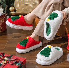 Christmas Tree Plush Slippers for Women Men Fluffy Warm Non Slip House Shoes