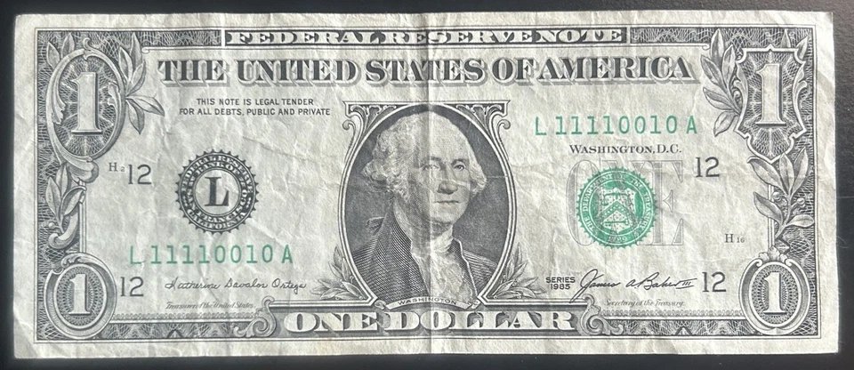 (TRUE BINARY!) $1 Rare True Binary Fancy Serial Number L11110010A Series 1985 - Image 2 of 3