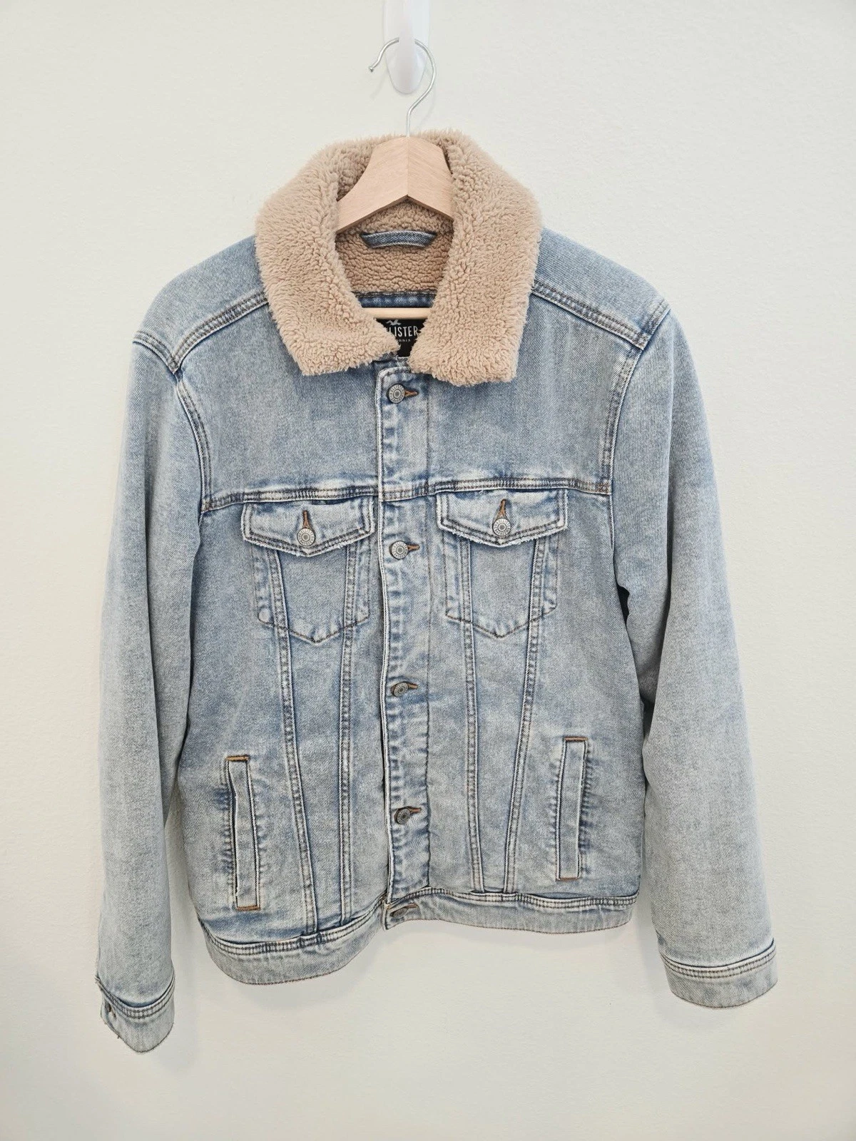 Hollister Mens Sherpa Lined Denim Trucker Jacket Blue Med Wash Y2K Western Sz M