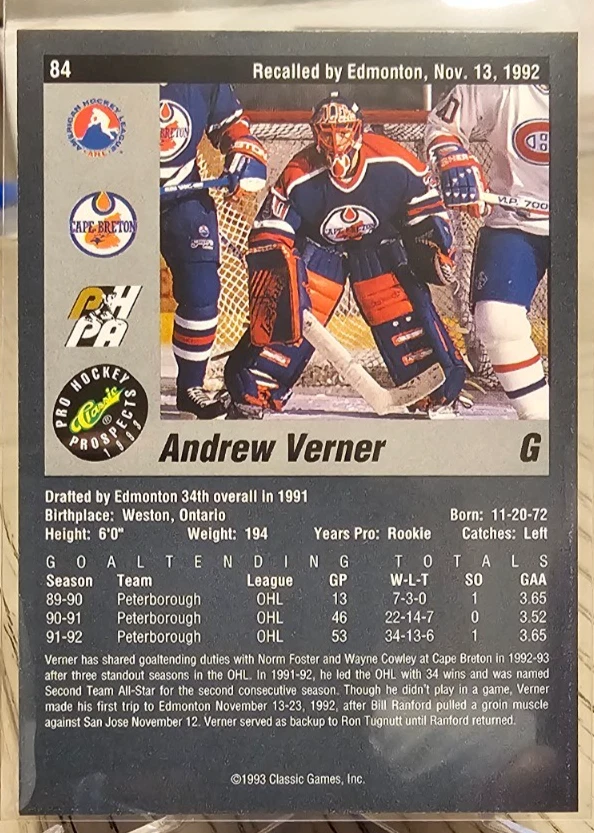 1993 Classic Pro Hockey Prospects Andrew Verner RC #84 Edmonton Oilers - Image 2 of 2