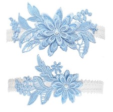Wedding Garters for Bride Lace Bridal Garter Belt Set with Floral Blue Garter...