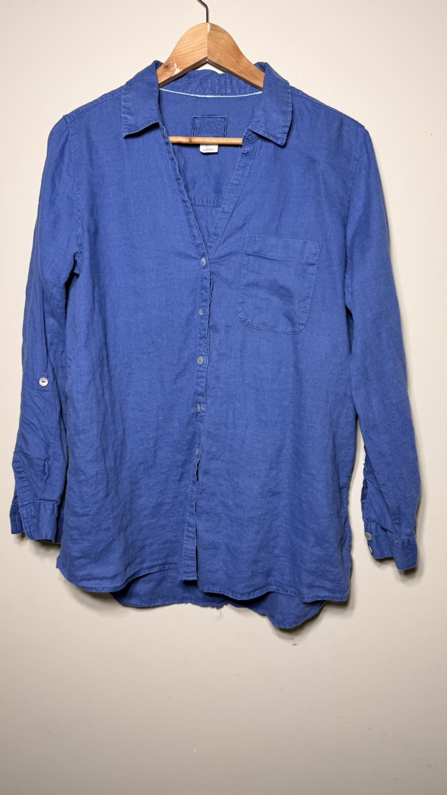 Sigrid Olsen Shirt Womens Large Blue 100% Linen Button Front Tunic Roll Tab