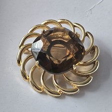 Vintage Goldtone Brooch. Swirl Design With Brown Feature Stone  Statement Item