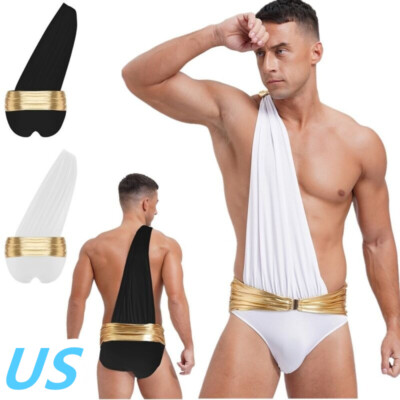 US Men Ancient Greek Roman Toga Cosplay Costume One Shoulder Jumpsuit Bodysuit