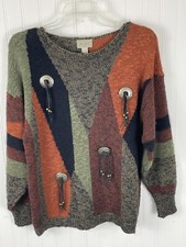 Vintage Ann Wi Colorful Knit MultiColor Block Tassel Buckles Oversized Sweater M