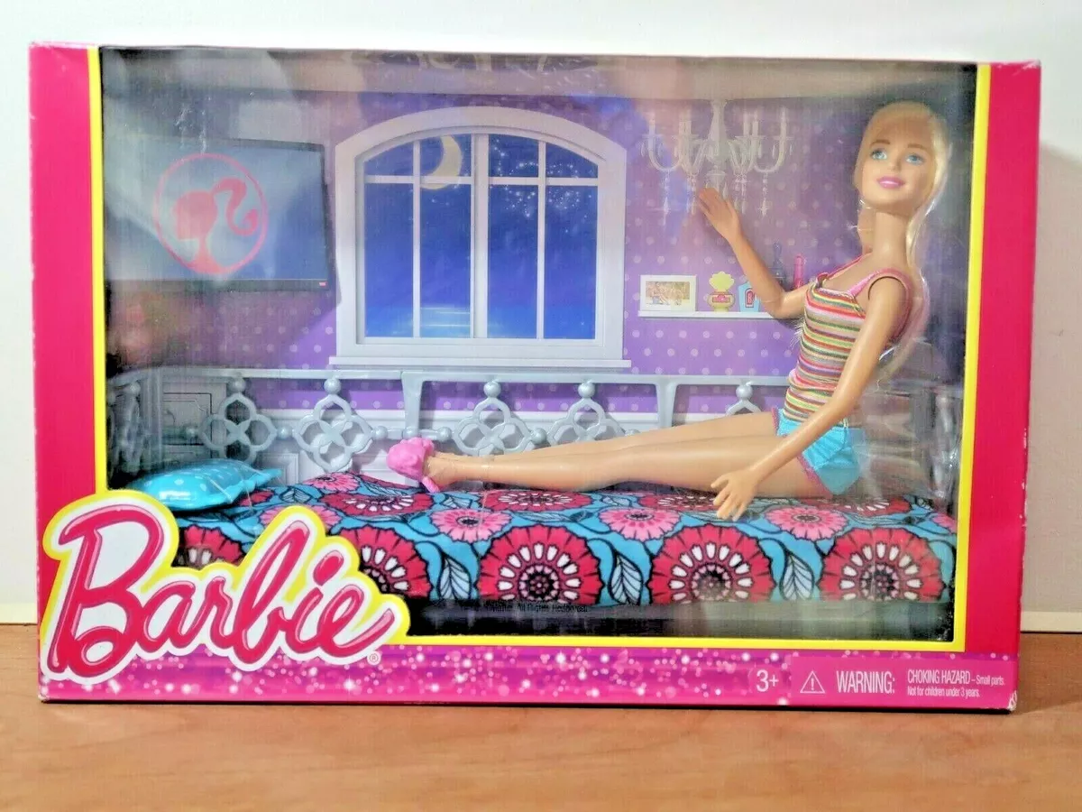Barbie Doll with Day Bed Pillow Flower Blanket Cat Mattel Damaged Box