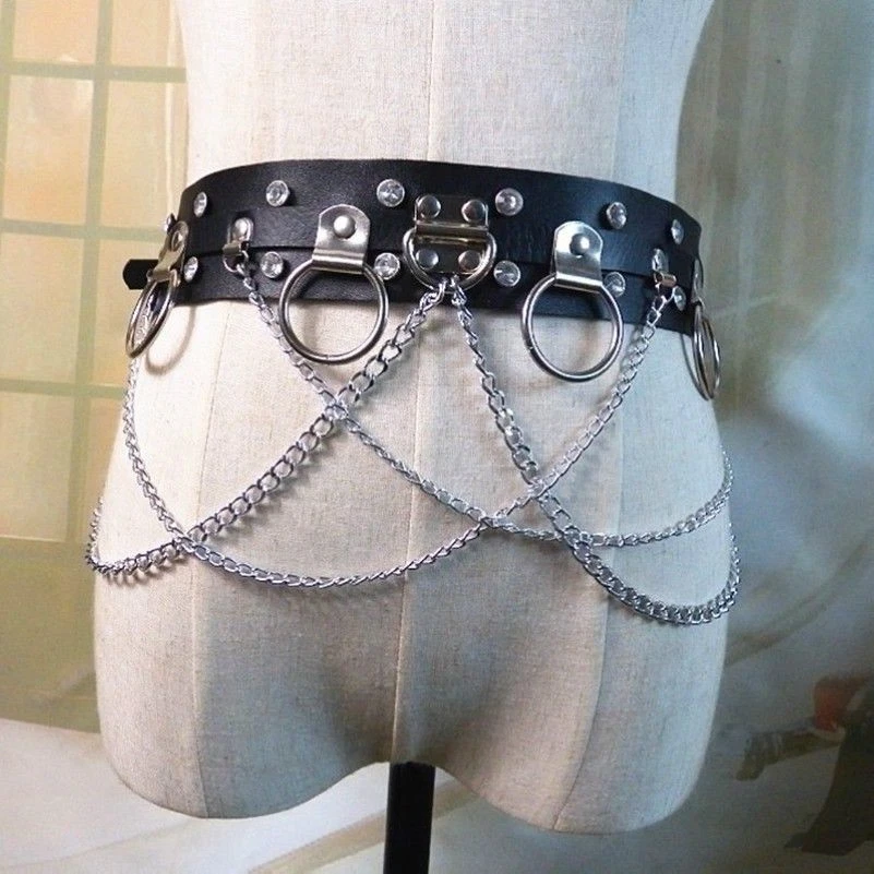 Punk Faux Leather Belt Metal Chain Ring Waist Strap Dance Gothic