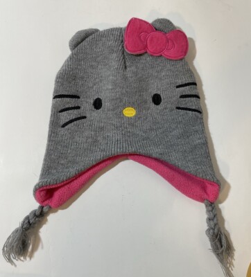 Hello Kitty Beanie Hat Cap Warm Winter Hat Gray With Cat Face On The Front Kids