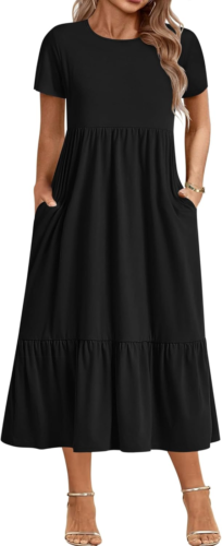 Women plus Size Short Sleeve Dress Loose Plain Casual Summer Flowy Tiered Long M