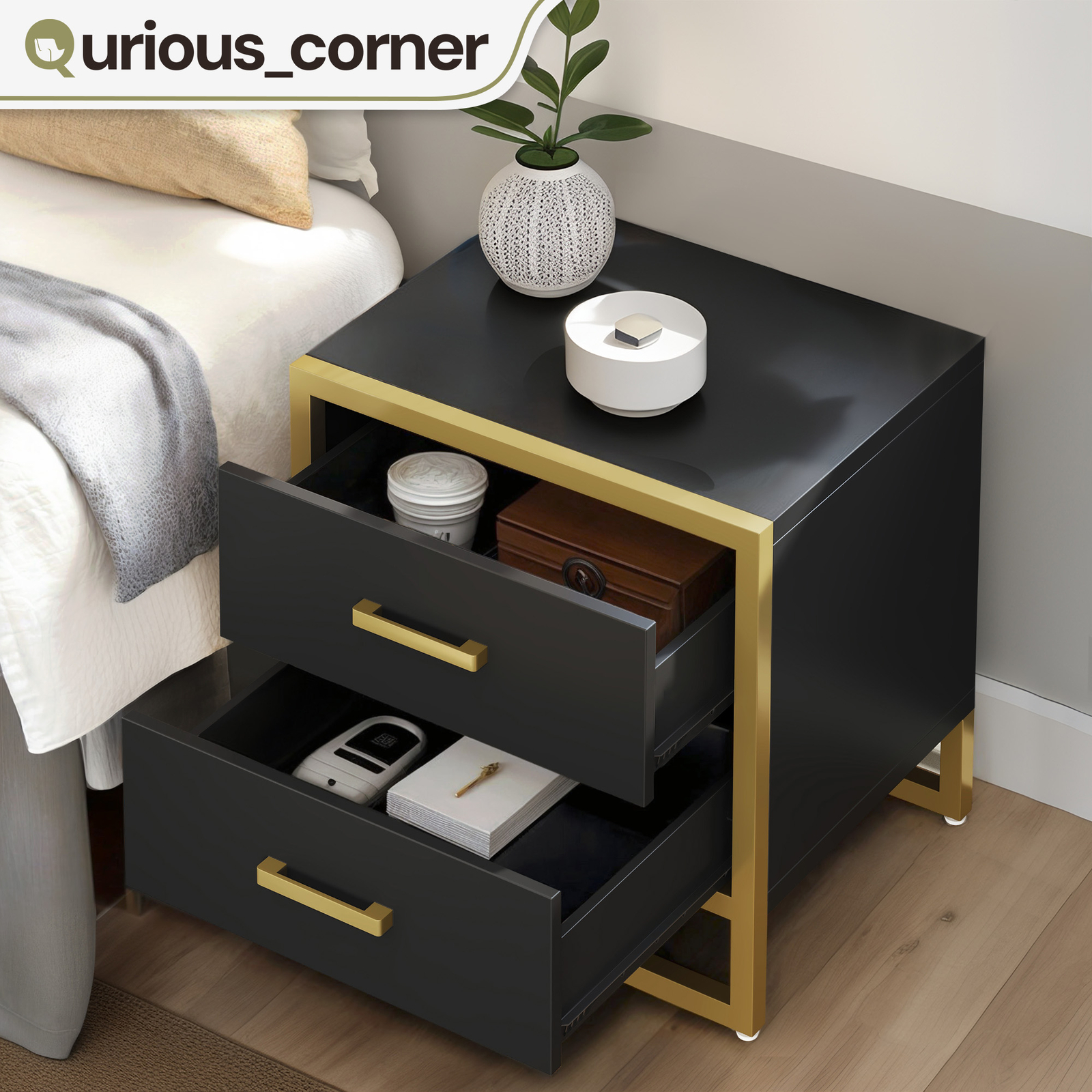 Modern Nightstand with 2 Drawers & Gold Metal Frame for Bedroom Storage-image