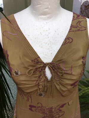 Whistles Vintage Y2K Silk Dress, Embellished, Floral Greenish Gold, Size 8  | eBay