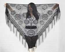Black lace Shawl with Fringe Vintage Veil Mantilla Weddings Triangle Mesh Scarf