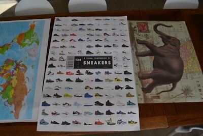 3 POSTER Weltkarte, Sneaker/Trainer und Elefant drei UNI Wand Schlafzimmer Wand
