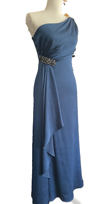 David Meister Teal blue One Shoulder Beaded Drape Gown beaded