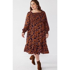 Nine West Smocked Floral Midi Dress Brown Lined Stretch 4 XL Long Sleeve