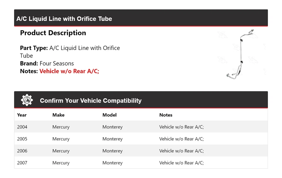 Línea líquida aire acondicionado Mercury Monterey 2004-2007 con tubo de orificio 4 estaciones 2005 Foto 2 de 4