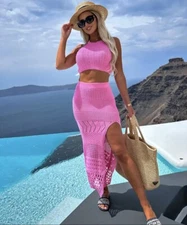 Hot Pink crocheted Two Piece Summer Dress Sz medium