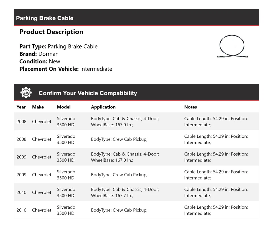 Para 2008-2010 Chevrolet Silverado 3500 HD Dorman Cable de freno de estacionamiento 2009 Foto 2 de 4