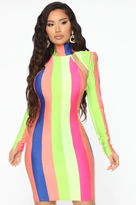 Fashion Nova NEW NWT Striped Cold Shoulder Sexy Bodycon Zip Dress X-Small XS