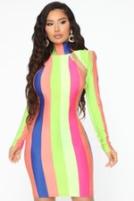 Fashion Nova NEW NWT Striped Cold Shoulder Sexy Bodycon Zip Dress X-Small XS