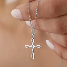 Silver Infinity Cross Necklace Christian Faith Pendant Minimalist Gift Women Her