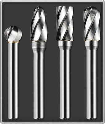 4Pcs Carbide Burr Set 1/4 Shank Aluminum Cut (Wide-Flute Cut) Die Grinder Bits