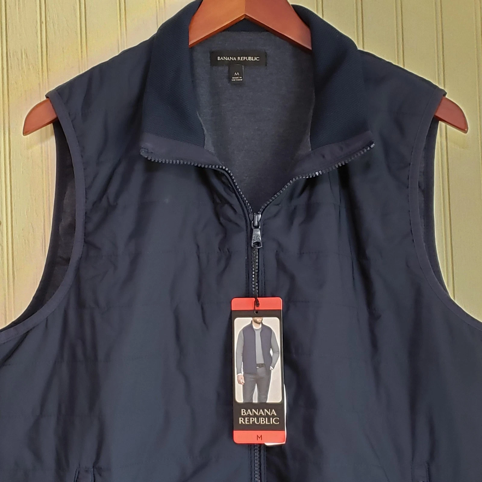 Banana Republic Vest Mens Medium Blue Quilted Full Zip Stand Collar Outdoor