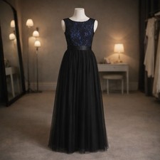 AIDAN MATTOX Womens Black  Blue Evening Ballgown Dress Overlay Lace Tulle Sz 6