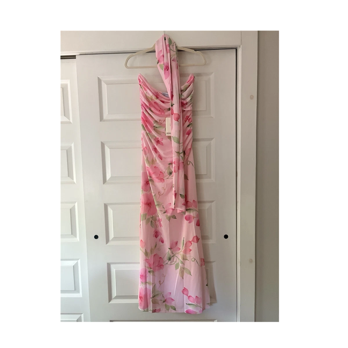 sachin and babi light blue dress Pink One Shoulder Floral Printed Chiffon Side Cut Out Gown main image 0