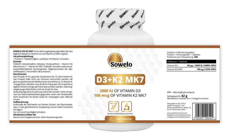 Vitamin D3 + K2 MK7 Tabletten – Hochdosiert & bioverfügbar – Sowelo - Bild 2 von 4