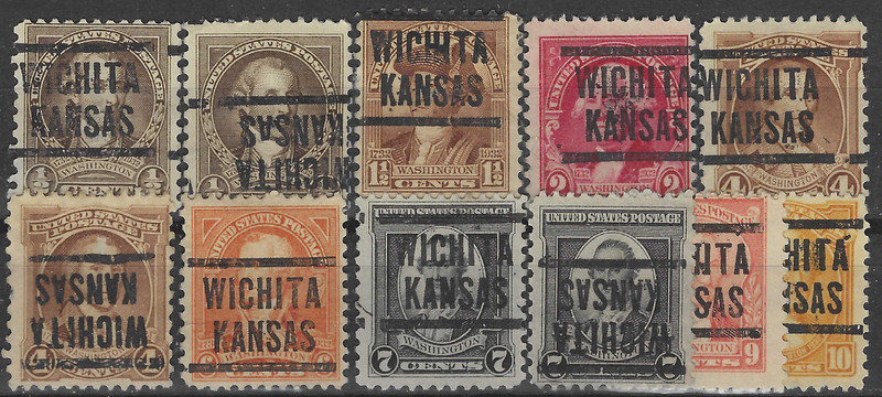 KANSAS PRECANCELS, BICENTS, WICHITA, TYPE 204, 11 DIFFERENT, REGULAR AND INVERT