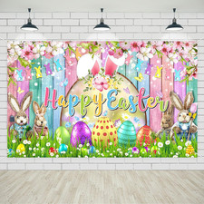 Happy Easter Banner Backdrop Colorful Wood Easter Photography Backdrop Bunny Egg