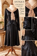 Antique Edwardian Black Satin Dress  Lace Collar  Tie  c. 1900  1915