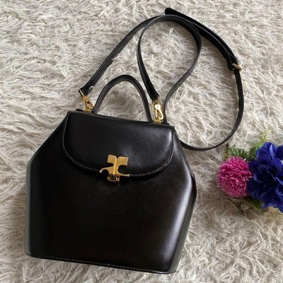 Courreges 2-Way Leather Shoulder Bag Gold on Black Used Authentic