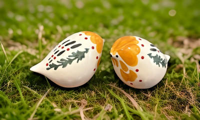 Set of 2 Colorful Ceramic Painted Quail Bird Everyday Decor 3 1/2'' x 6''