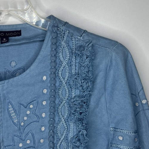 INDIGO MOON Women's S Cotton Jacket Embroidered Fray Edge Blue Silver Boho - Picture 4 of 24
