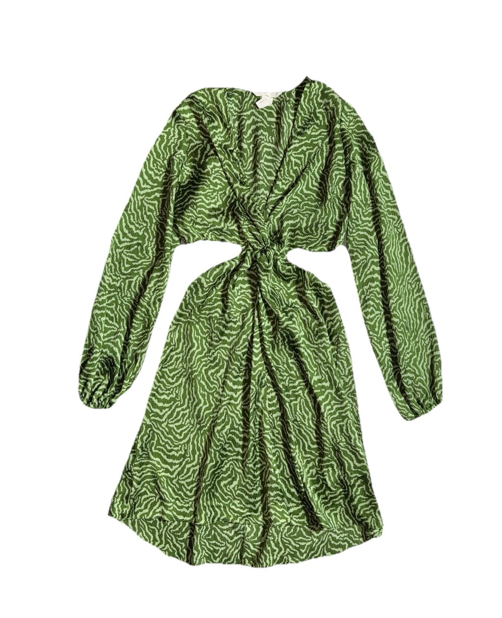 H&M Green Printed CUT Out Dress Sz Small Satin Pleat Bare Waist Knee Length