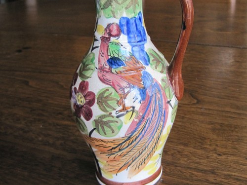 ANTIQUE HANDPAINTED "PEACOCK-FLOWER & FRUIT" 7 1/2 TALL PITCHER-VASE WITH HANDLE - Picture 9 of 12
