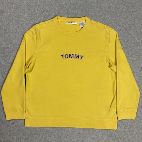 VTG Tommy Hilfiger Crew Pullover Sweatshirt Yellow Spellout Mens Large 2001 Y2K - Picture 1 of 13